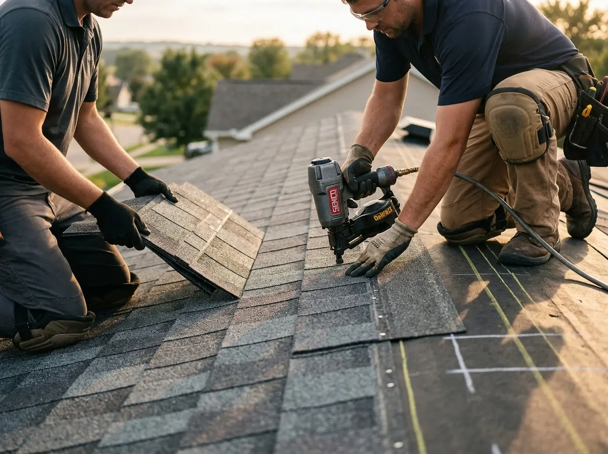 Professional roofer working on a residential roof in Stevensville